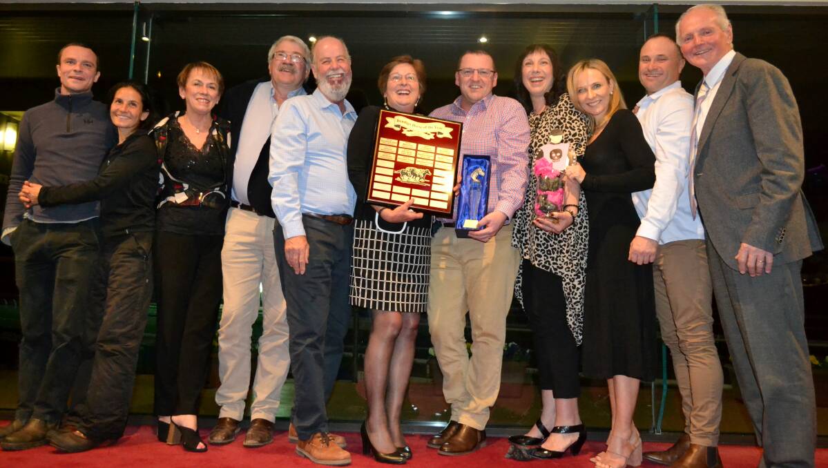 The Miss Leonidas team, including trainer Shaun Dwyer (far right) celebrate the mare's Bendigo Horse of the Year award win.