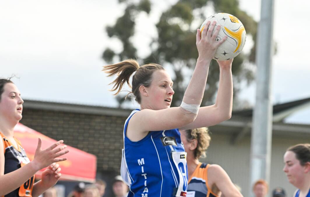 A settled Mitiamo line-up, led by the likes of star goal attack Laura Hicks, is expected to again be a finals force in LVFNL netball in 2024. Picture by Darren Howe