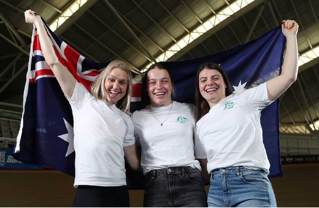 Alessia McCaig with her Commonwealth Games women's track sprint team-mates Breanna Hargrave and Kristina Clonan.