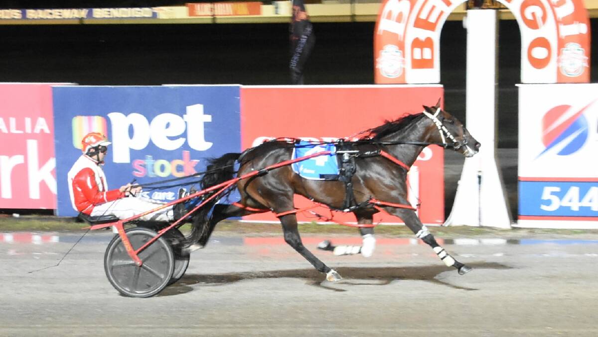 Jayden Brewin steers Leigha Miller to victory for Junortoun trainer Gary Donaldson and the Pacers Bendigo Syndicate at Lord's Raceway on Friday night. Picture: CLAIRE WESTON PHOTOGRAPHY