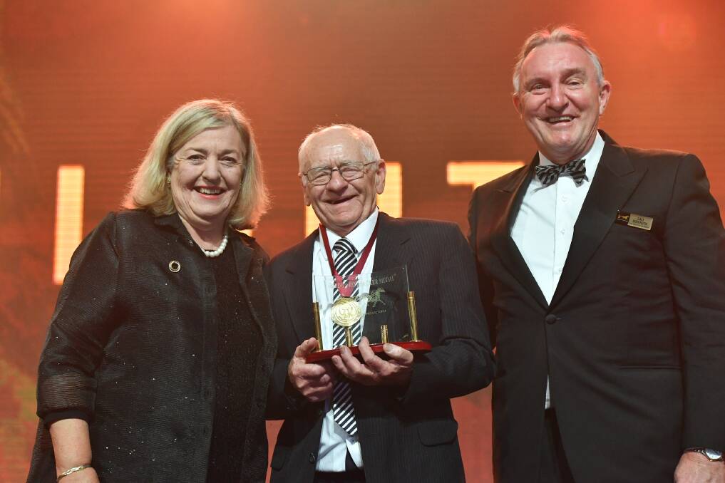 Harness Racing Victoria board member Judy Rothacker, newly crowned Rothacker Medal winner Brian Gath and HRV chairman Dale Monteith. Picture: HARNESS RACING VICTORIA