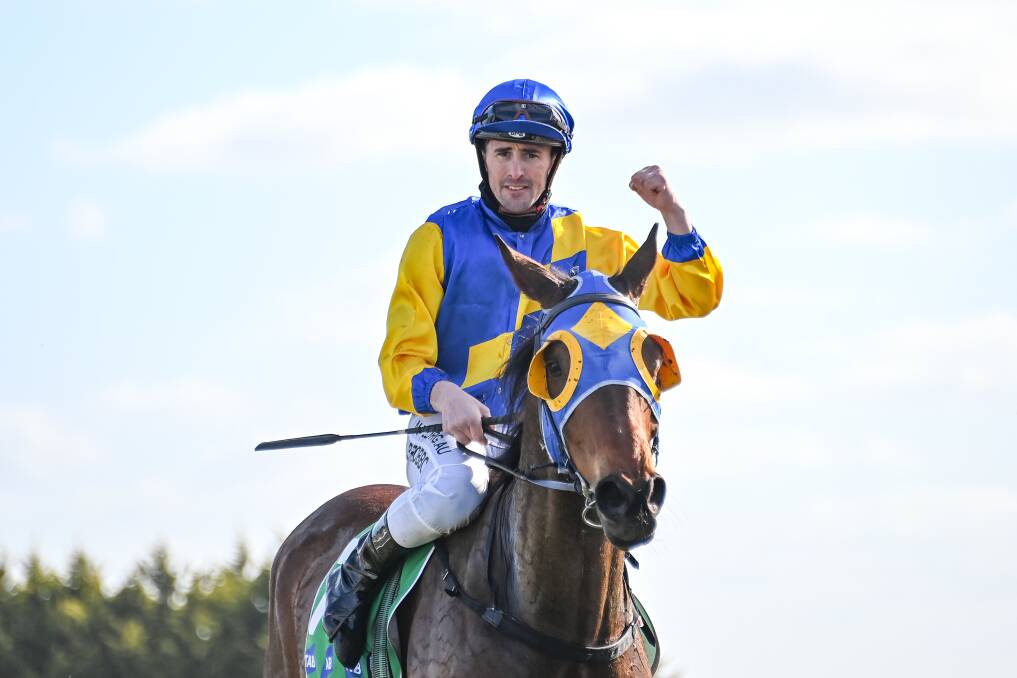 Cooter Cha Cha and jockey John Robertson will reunite at Kilmore on Sunday, with the seven-year-old gelding chasing three-straight wins. Picture: ALICE MILES/RACING PHOTOS