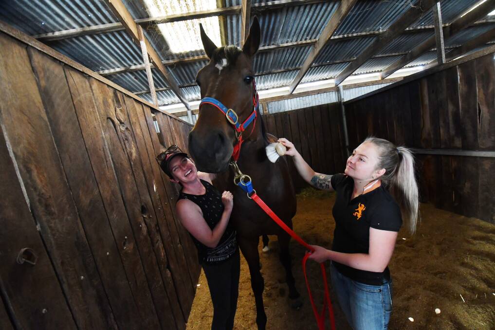Jess Philpot (right) and Melissa Sell with the Mick Sell-trained Carlingford at their Bendigo stable. Picture: DARREN HOWE