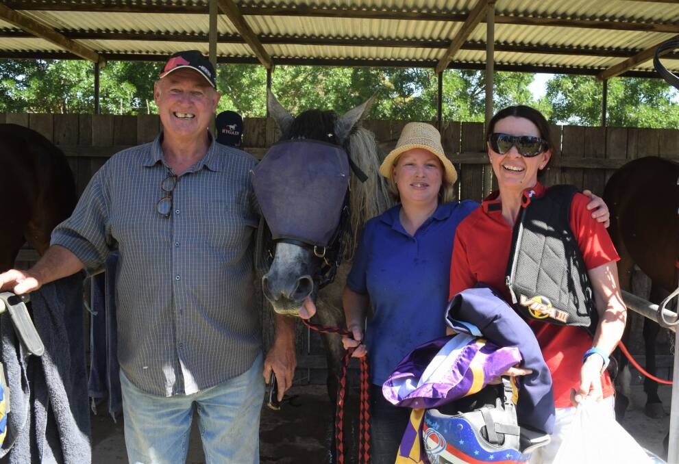 Charlton trainer Greg Norman, strapper Dixie Horig and champion driver Kerryn Manning savour Gunbower Trotters Cup success with Blue Coman. Picture: KIERAN ILES