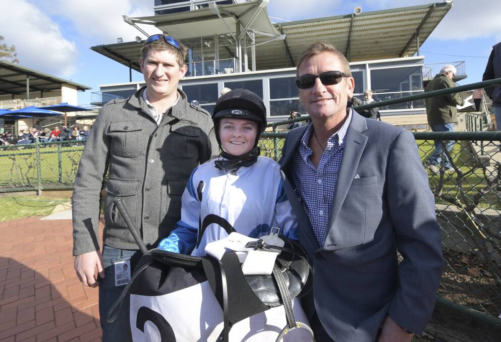 It was an emotional day for Bendigo trainer Kym Hann, jockey Jess Philpot and Gus Philpot at the Bendigo Jockey Club on Friday. Race six was named in honour of Donna Philpot. Picture: NONI HYETT
