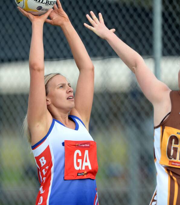 TARGET: North Bendigo's Brittany Shannon aims for goal against Huntly in Saturday's round of HDFNL A-grade netball.