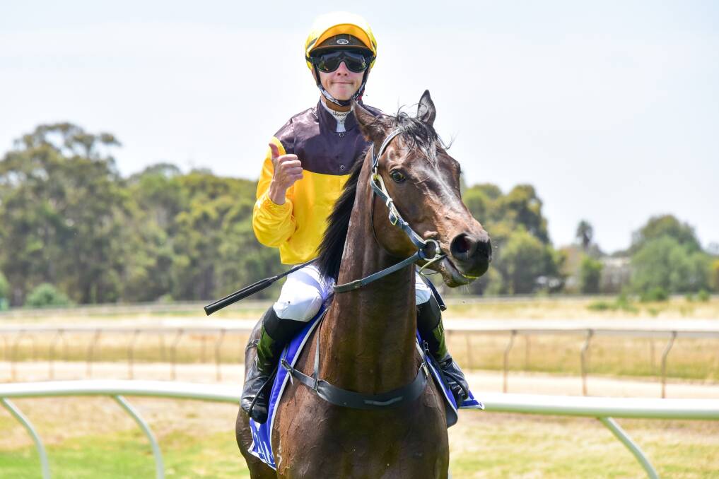 Luna Chara, ridden by Patrick Moloney, returns to the mounting yard after winning the three-year-old maiden plate at Tatura Racecourse on Saturday. Picture: BRENDAN McCARTHY/RACING PHOTOS