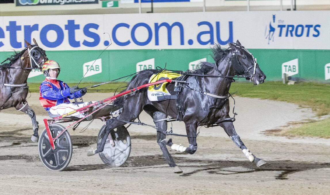 AT THE DOUBLE: James Herbertson steers Diamond Shooz to victory in the Alabar Vicbred Platinum Home Grown Classic for three-year-old fillies at Melton on Saturday night. Picture: STUART McCORMICK