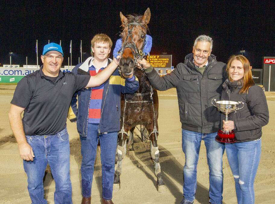 ELATION: Trainer Leigh Graham, son Griffin, part-owner Ross Graham and partner Emily Holmes celebrate Group 2 success with Nephew Of Sonoko at Tabcorp Park Melton. Picture: STUART McCORMICK