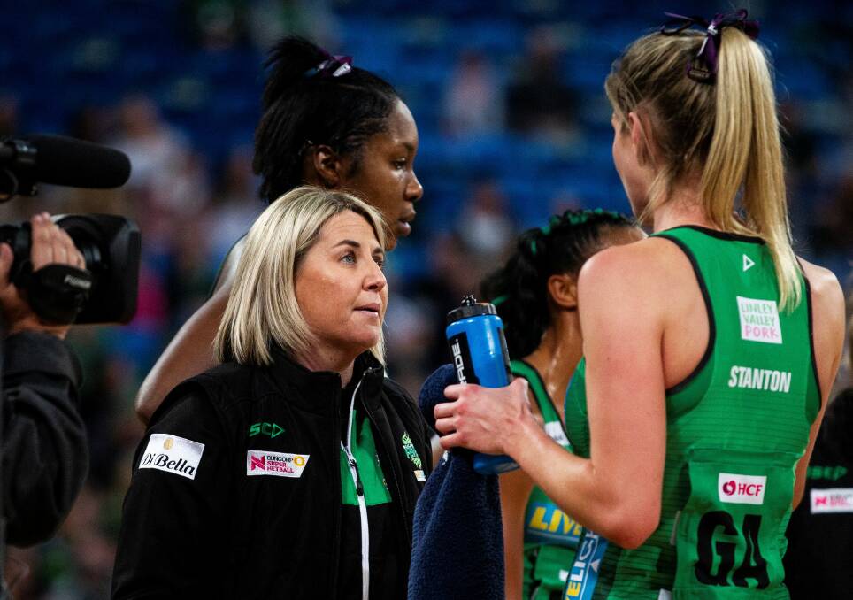 West Coast coach Stacey Marinkovich speaks to Kaylia Stanton during the Fever's round four game against the Vixens. Picture: AAP IMAGE