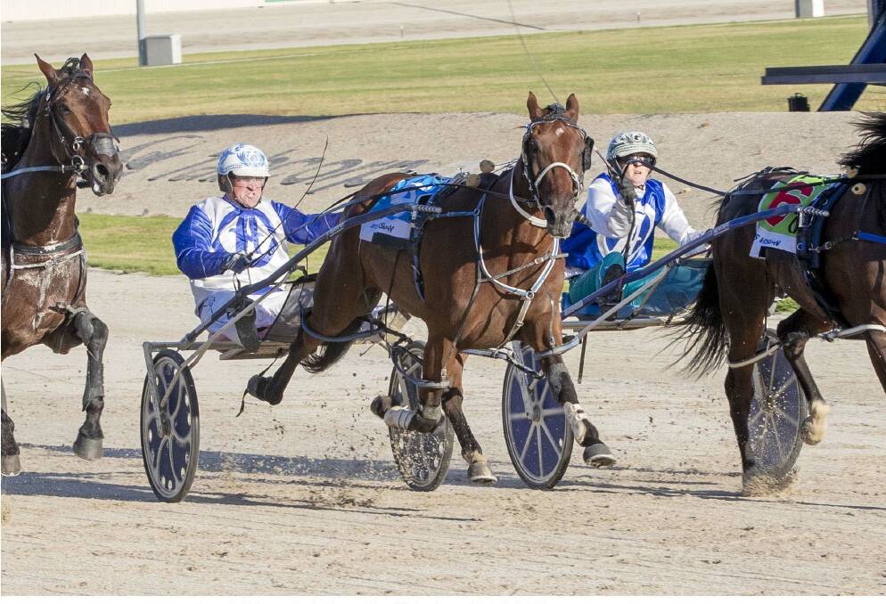 Shortys Mate, driven by Glenn Douglas, pips his stable-mate Rick Reilly (Ellen Tormey) to win on A.G. Hunter Cup night at Melton on Saturday. Picture: STUART McCORMICK