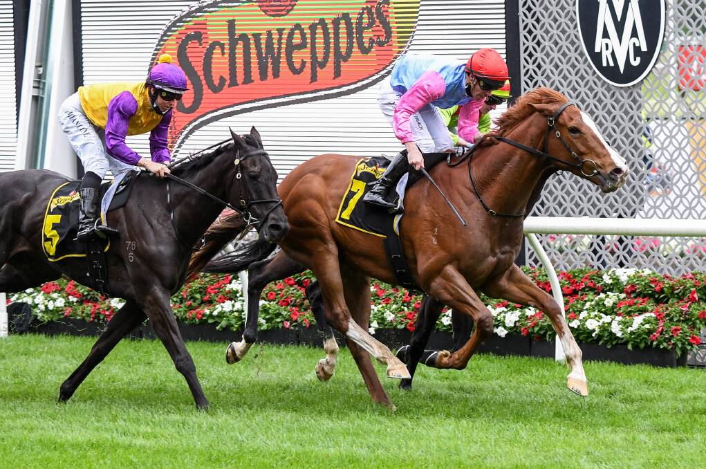 Just Folk, ridden by John Allen, on his way to victory in the Group 2 Crystal MIle at Moonee Valley in October. Picture: BRETT HOLBURT/RACING PHOTOS