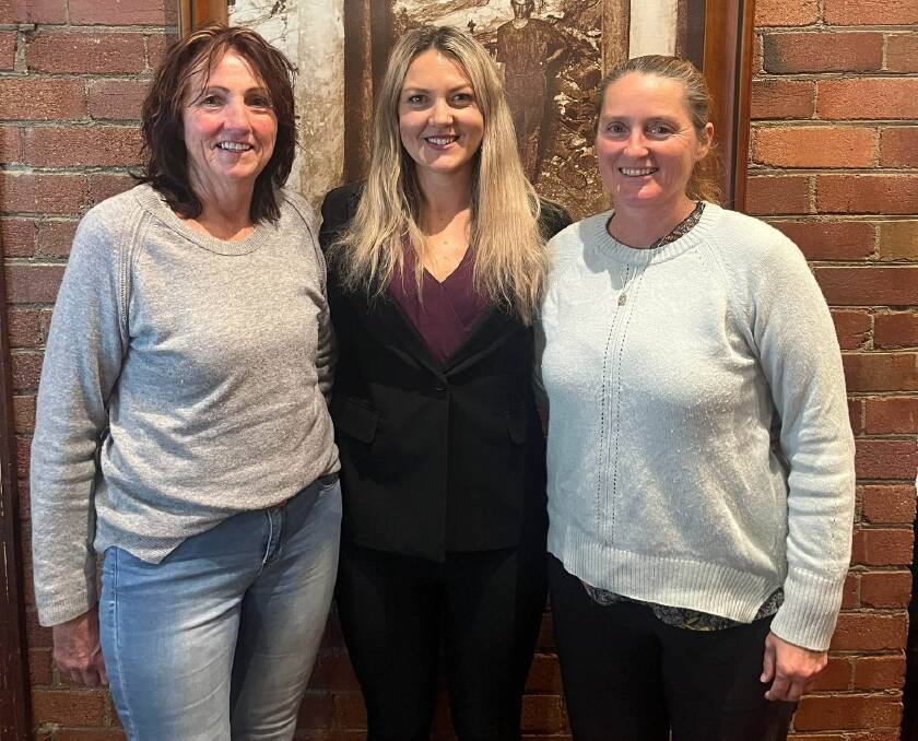 New Bloods A-grade coach Alicia McGlashan (centre) with newly appointed assistant Lynley Strachan and A-reserve coach Marita Eddy.
