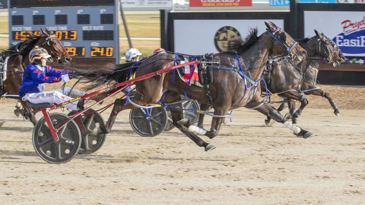 Jackie Barker steers the Shaun McNaulty-trained Hashtag to a win in the DNR Logistics Pace (NR 70 to 79) at Tabcorp Park Melton on Saturday night. Picture: STUART McCORMICK