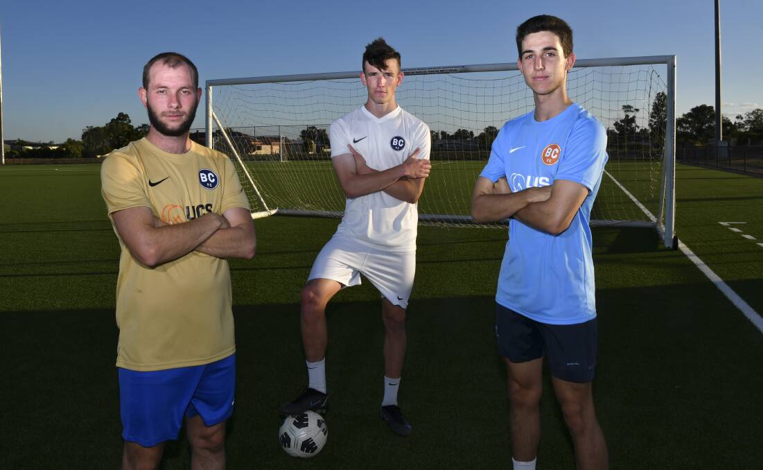ENCOURAGING SIGNS: Bendigo City FC captain Aidan Lane is flanked by vice-captains Daniel Purdy and Will Keating. Picture: NONI HYETT