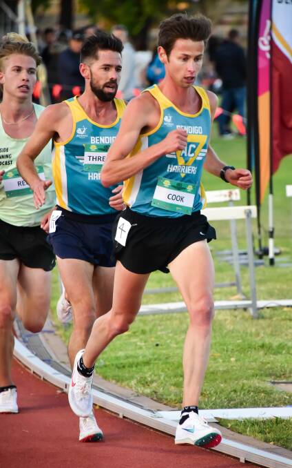 Brady Threlfall (middle) competes in Bendigo Harriers' inaugural 5km Frenzy in January this year. Picture: BRENDAN McCARTHY