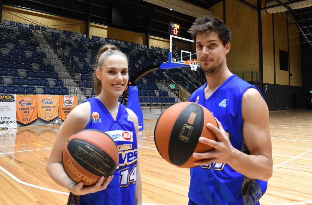 WAIT OVER: Braves Madi Sexton and Indiana Faithfull are excited to finally step out onto Bendigo Stadium's new show court in a SEABL game. Picture: KIERAN ILES