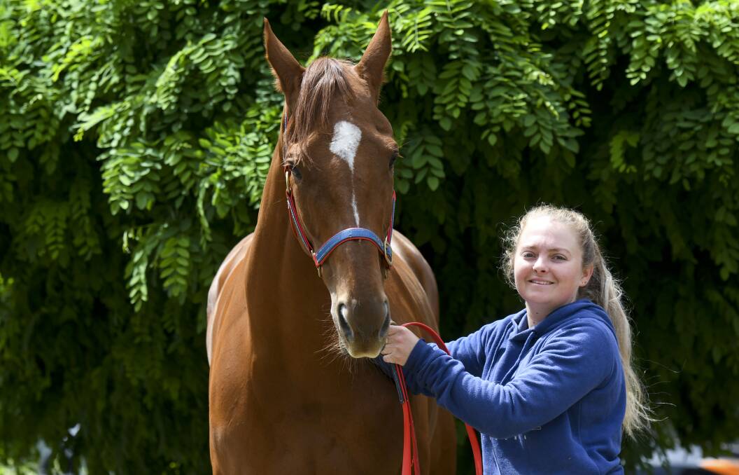 Mick Sell Racing apprentice Jessie Philpot with Kyneton Cup contender Penny To Sell. Picture: NONI HYETT