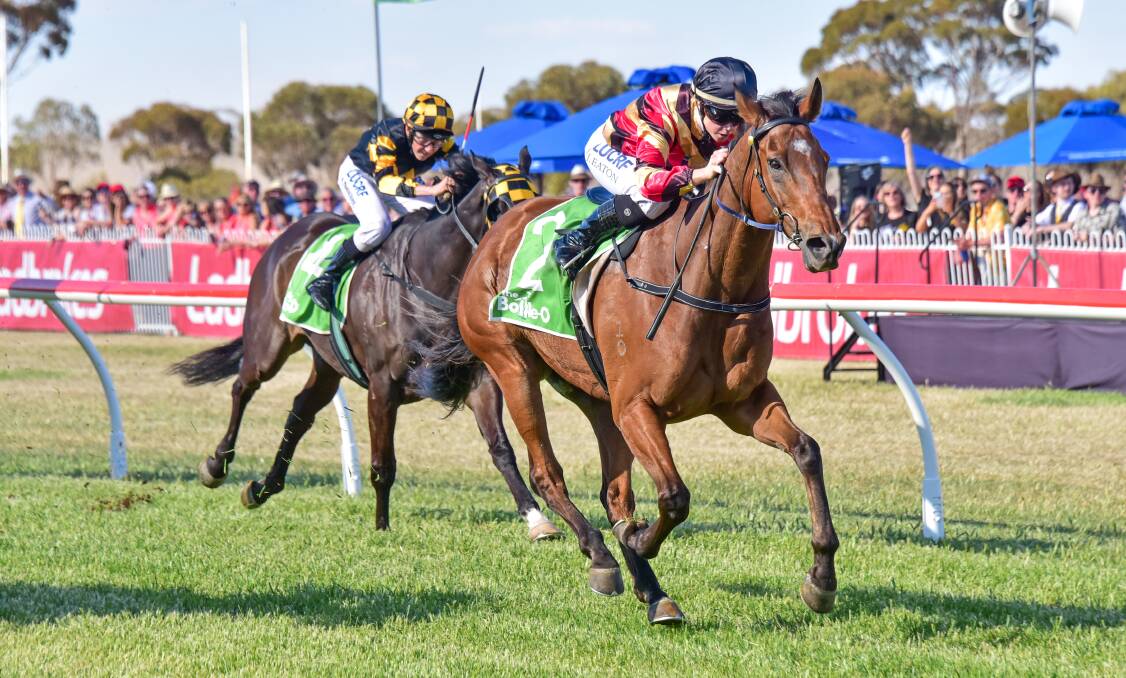 Jessica Eaton pilots the Mitch Freedman-trained Not To Know to victory in the 2019 Manangatang Cup, making it back-to-back wins in the race for the gelding. Picture: BRENDAN McCARTHY/RACING PHOTOS