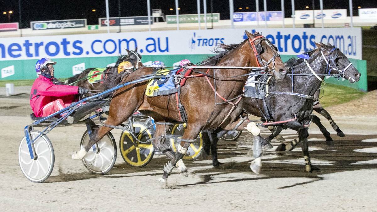 Charlton's Ryan Sanderson notches up his first victory at harness racing headquarters at Melton aboard Radius in last Saturday night's E. K. Bray Country Clubs Pace Final. Picture: STUART McCORMICK