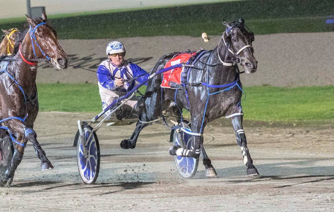Bernie Winkle, with Glenn Douglas in the sulky, races to victory in the Allied Express Pace at Tabcorp Park Melton on Saturday night. Picture: STUART McCORMICK