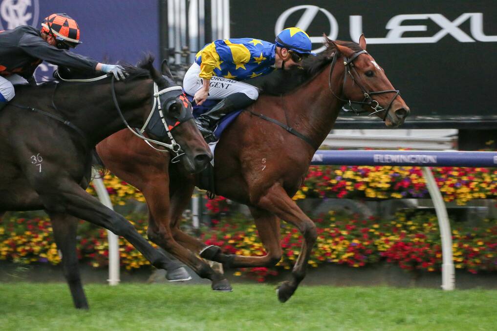 Our Lone Star, ridden by Teodore Nugent, wins the Flt Lt Peter Armytage Handicap at Flemington Racecourse on Anzac Day. Picture: GEORGE SALPIGTIDIS/RACING PHOTOS