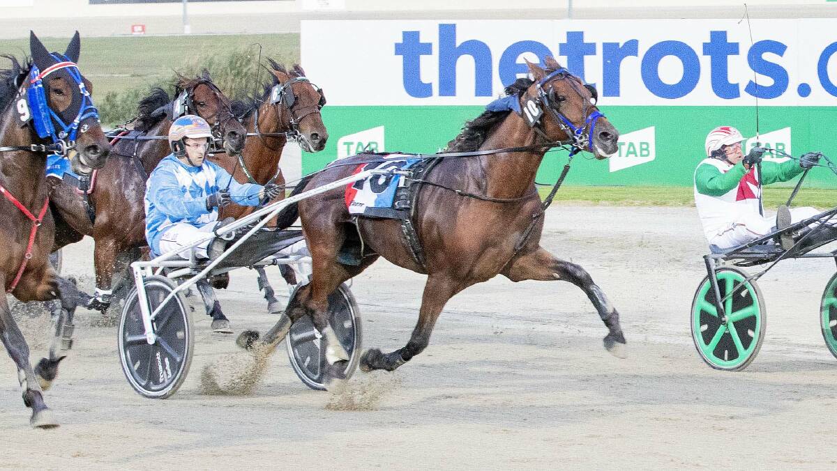 Ryan Duffy notches the second leg of a winning treble at Tabcorp Park Melton on Saturday night aboard Sundons Courage. Picture: STUART McCORMICK