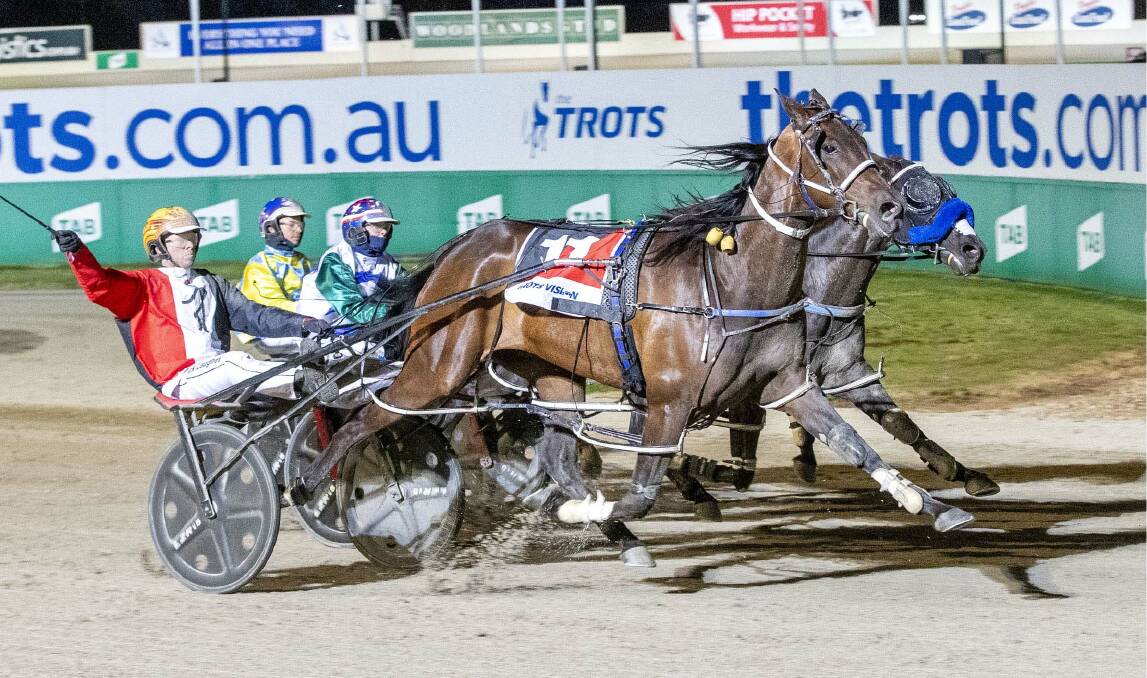 Torrid Saint, driven by Jack Laugher, wins the Westburn Grant Free For All at Tabcorp Park Melton on November 27 this year. Picture: STUART McCORMICK