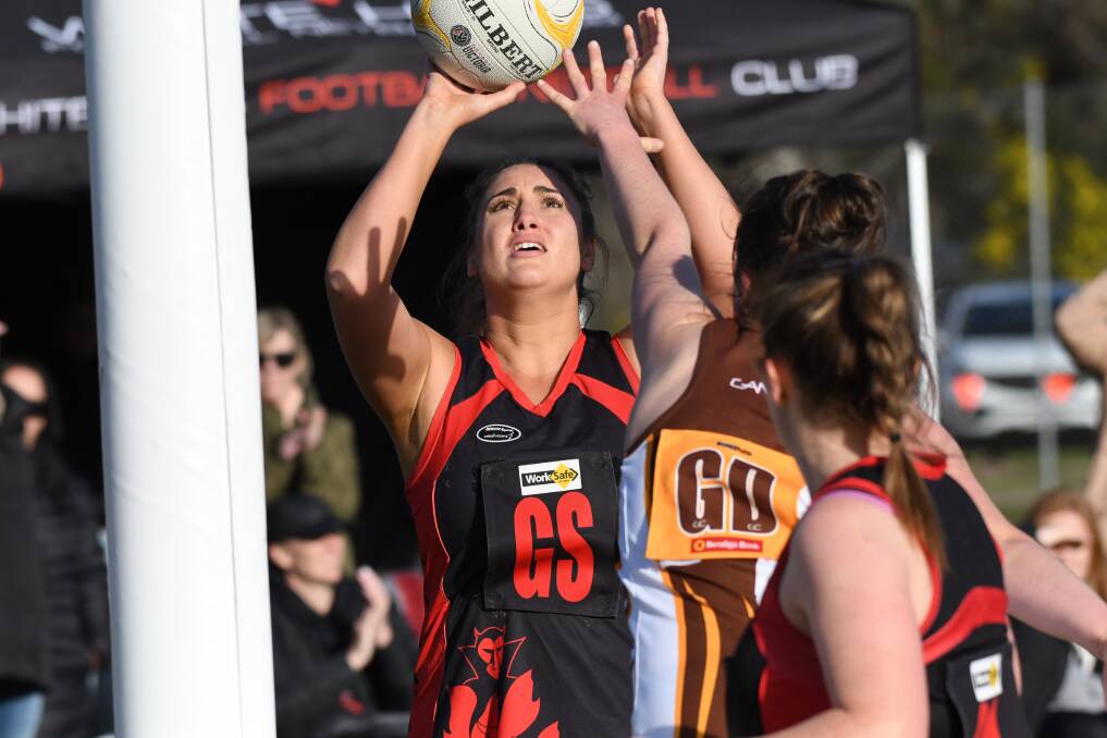 ACCURATE: Shannyn Keely was a tower of strength for White Hills at goal shooter during Saturday's convincing qualifying final win over Huntly. Picture: NONI HYETT