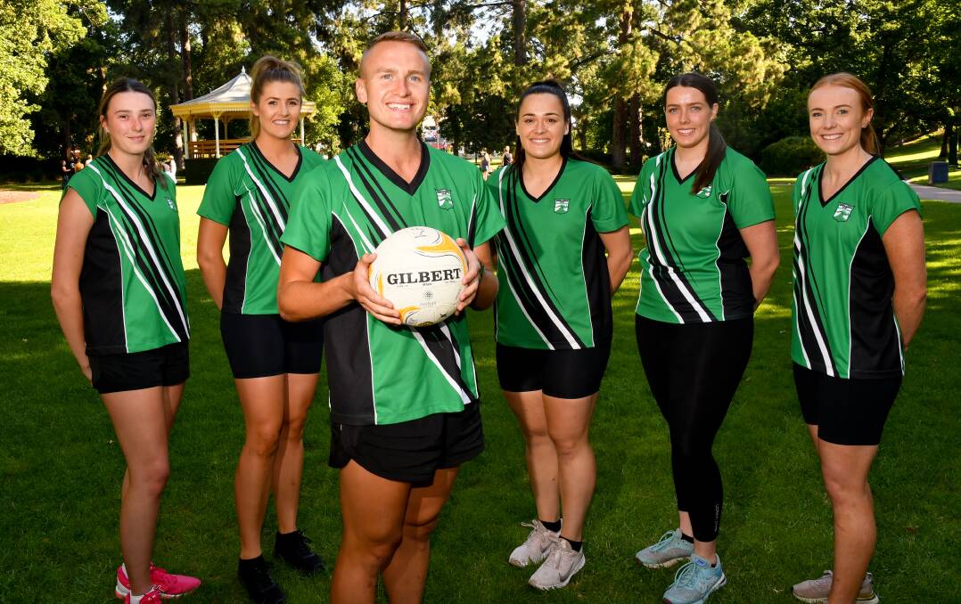 NEW ROOS: Ash O'Shea, Carly Van Den Heuvel, Bronte Deary, Abbey Ryan and Ashley Ryan with Kangaroo Flat coach Jayden Cowling at Rosalind Park. Another of the club's major recruits Laura McDonald is absent from the photo. Picture: NONI HYETT