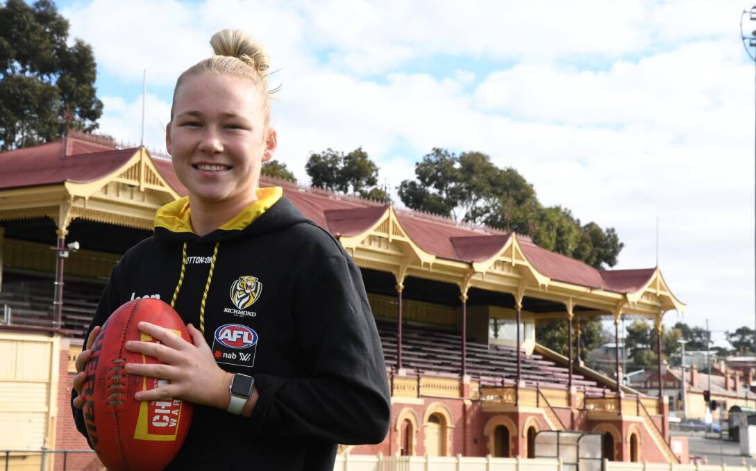 Kodi Jacques stands close to where she snapped her first AFLW goal for Richmond against Geelong at the QEO in February. Picture: KIERAN ILES