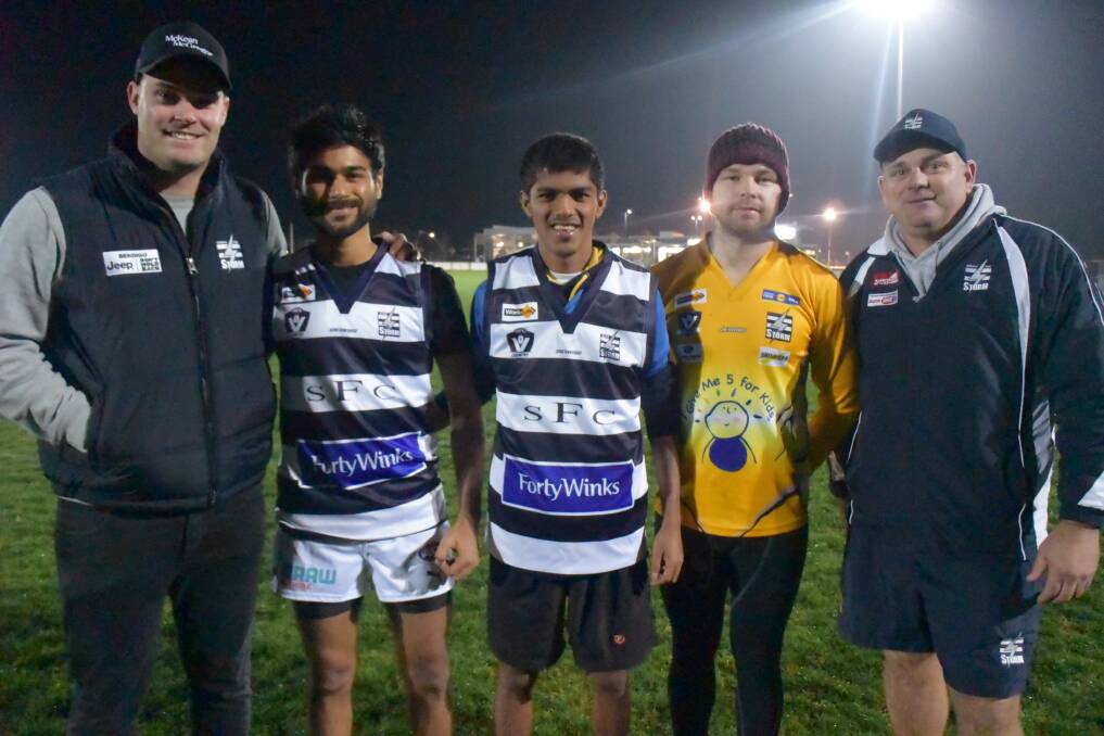 Saurabh Bhandakar and Sumesh Sawant, with Storm co-captains Jayden Donaldson and Shannon Geary and co-coach Darryl Wilson. 