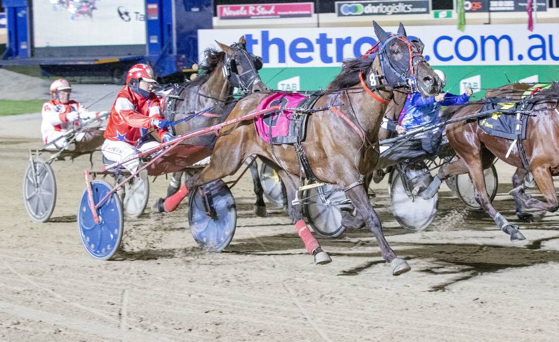 Maorishadow, driven by Denbeigh Wade, cruises to victory in the group 2 Vicbred Platinum Trotting Mares Sprint Championship at Melton in 2020. Picture: STUART McCORMICK