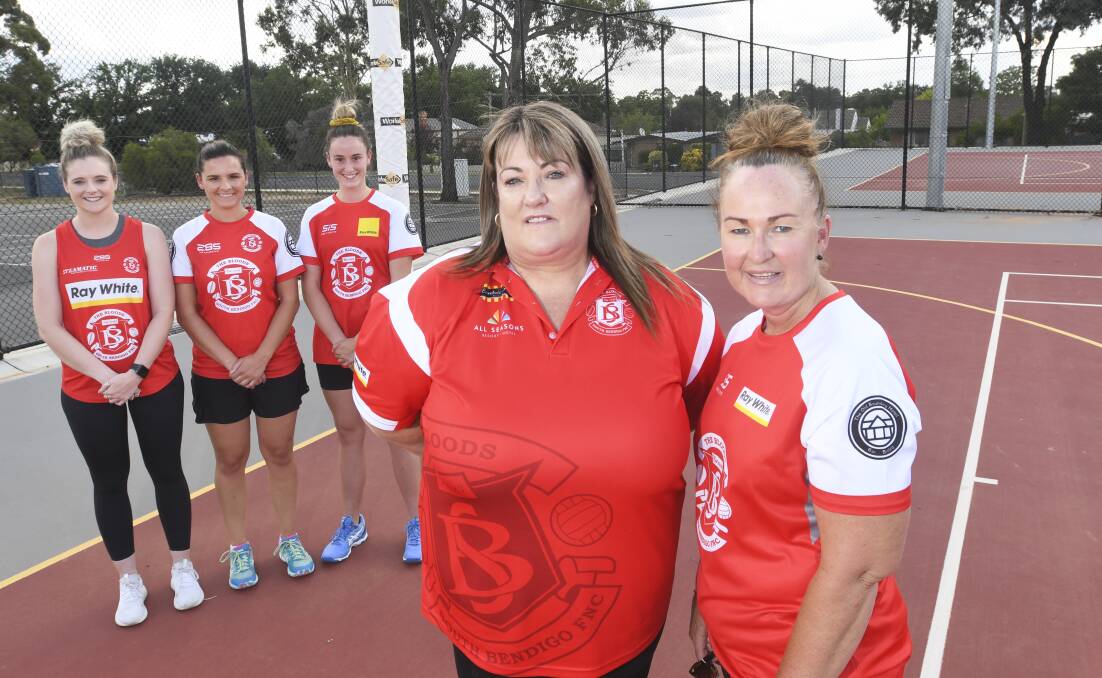 South Bendigo head coach Jannelle Hobbs and netball operations manager Gill Davey with three of the Bloods' 2020 season recruits Sarah Nash, Hollie Horbury and Keiarah Brooks. Picture: NONI HYETT