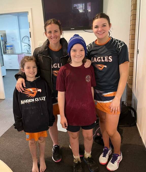 MILESTONE DAY: Leisa Barry with daughters Maddi and Paige, and son Brodie, ahead of her 200th game for Maiden Gully YCW against Bears Lagoon-Serpentine last Saturday. Paige played alongside her mum for the first time in A-grade.
