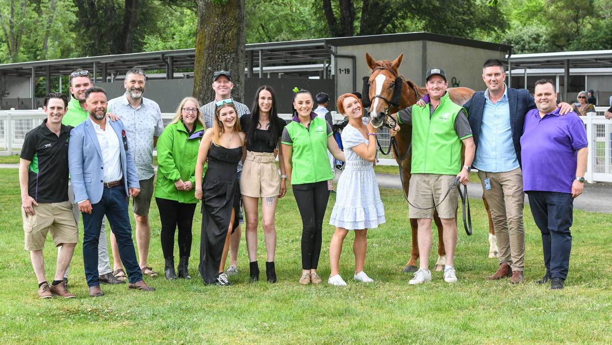 Team Howley celebrates after New York Hurricane's win on Kyneton Cup day last year. The stable finished cup day with a double after a win earlier in the day by the debuting Cordozar. Picture by Brett Holburt/Racing Photos