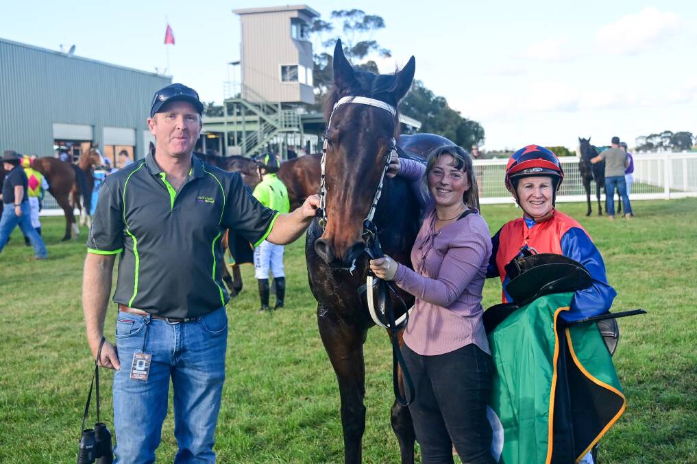 SECOND OF A TREBLE: Trainer Ash McKnight, strapper Tara Simpson and jockey Christine Puls with San Marino following the four-year-old gelding's 1000m win at Donald last Saturday. Picture: BRENDAN McCARTHY