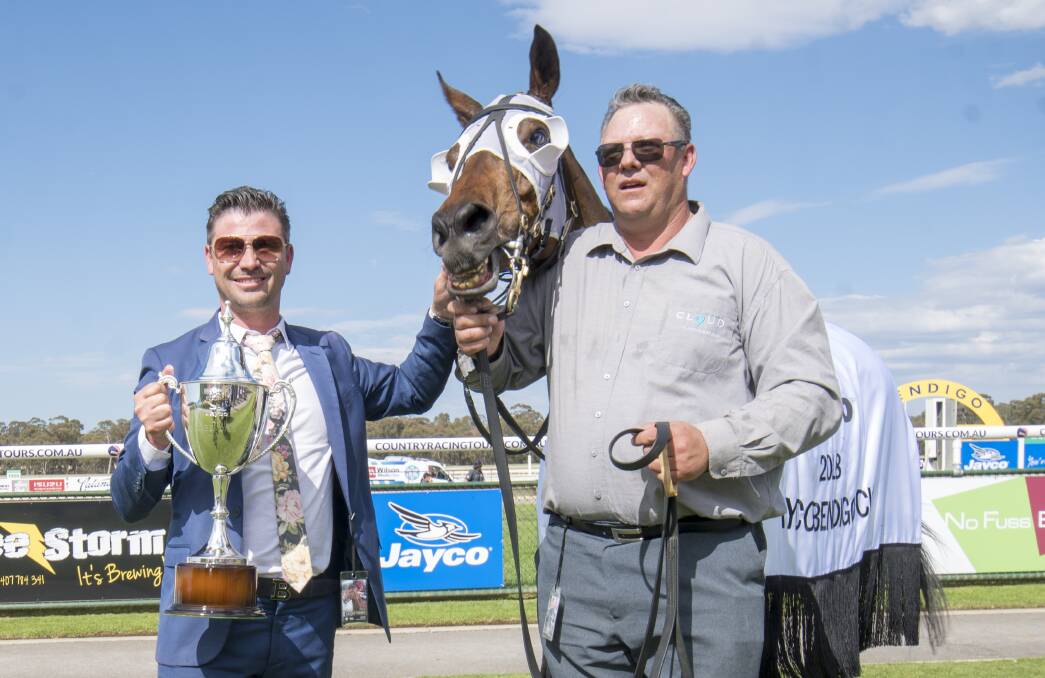 JUBILATION: Trainer Brent Stanley basks in the glory of the 2018 Jayco Bendigo Cup win with Red Alto.