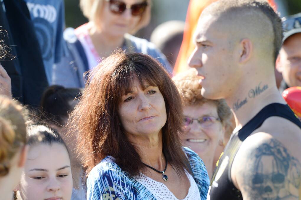Dustin Martin and his mum Kathy Knight and Nan Lois during an appearance at the QEO at the Tigers' AFL pre-season camp in Bendigo in 2018.