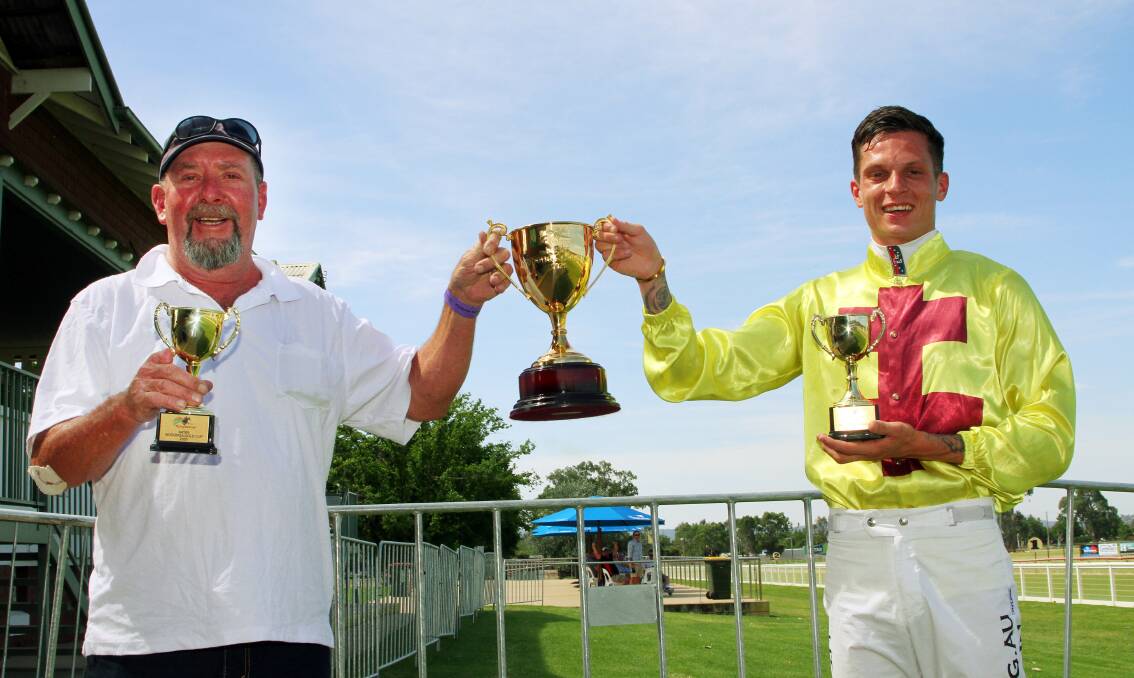 CUP JOY: Winning Wodonga Gold Cup trainer Brendon Hearps and jockey Zac Spain following their victory with Vungers on Friday. Picture: DAVID THORPE/RACING PHOTOS
