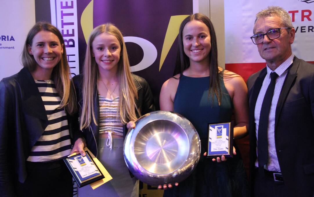 Guest and Australian Olympic track and field middle-distance runner Linden Hall, Bendigo Academy of Sport athletes of the year Isabella Crossman (2020-21), Olivia Quigley (2019-20), and John McGrath.