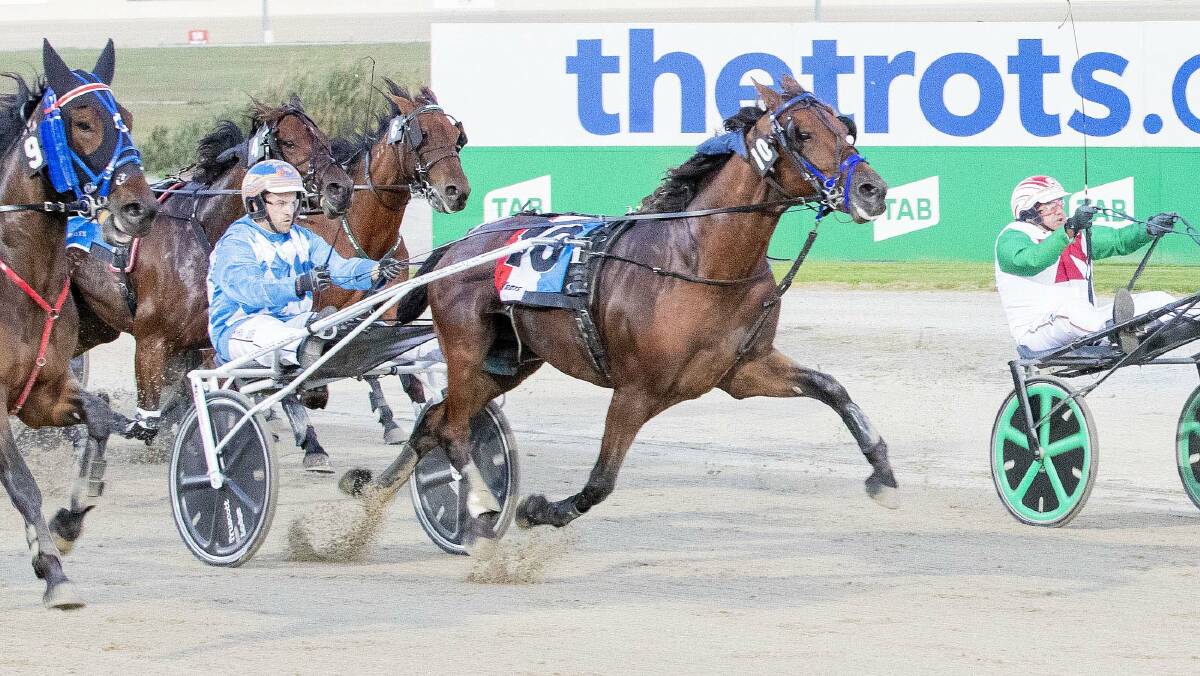 Jayden Brewin will partner Sundons Courage, pictured winning at Melton last year with Ryan Duffy in the sulky, this weekend at harness racing headquarters. Picture: STUART McCORMICK/HARNESS RACING VICTORIA