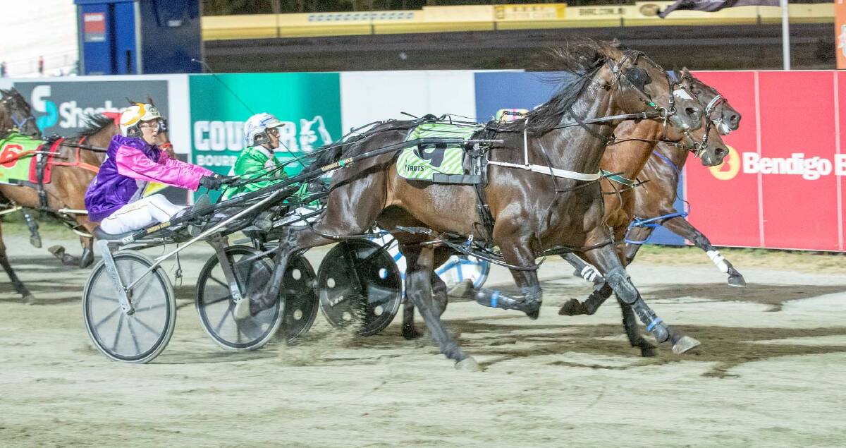 Ellen Tormey pilots Flojos Gold to a win on Bendigo Pacing Cup night at Lord's Raceway, their third straight success. Picture: STUART McCORMICK