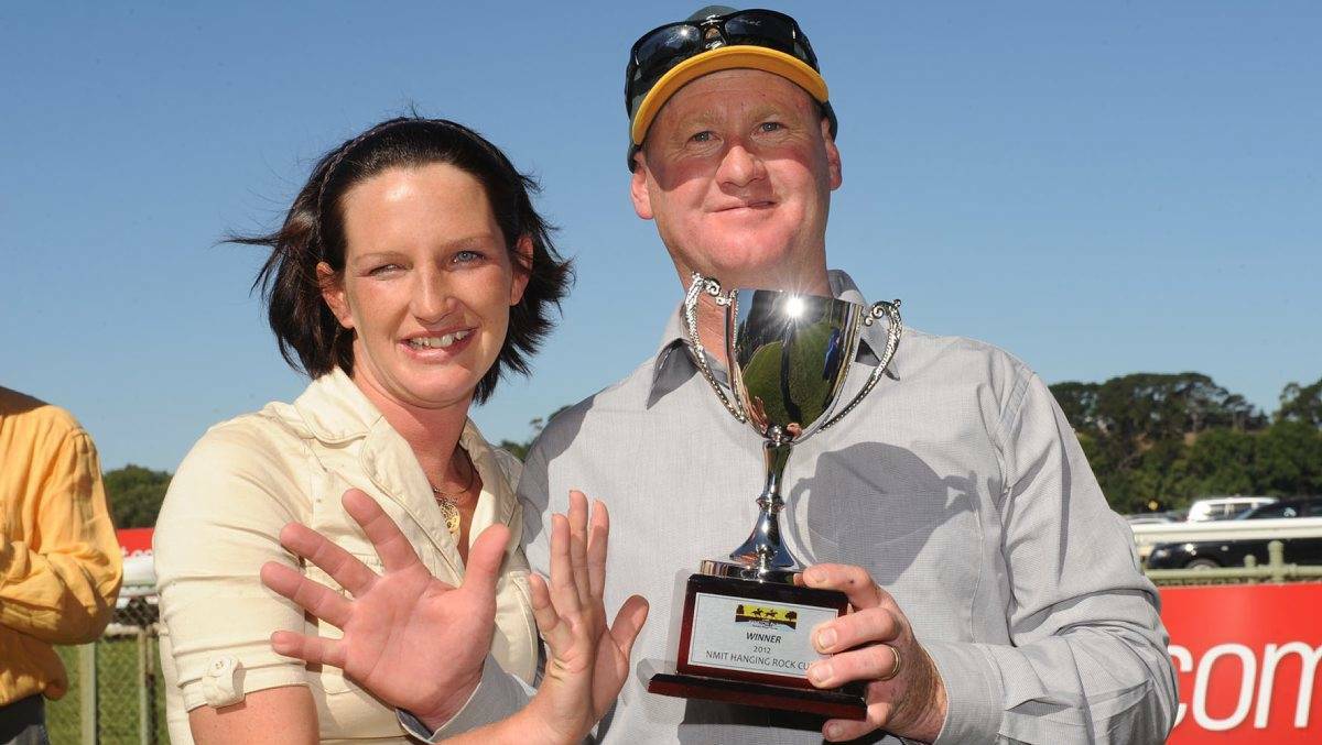Mick Sell and wife Mel following stable star Enchanting Waters' win in the 2012 Hanging Rock Cup.
