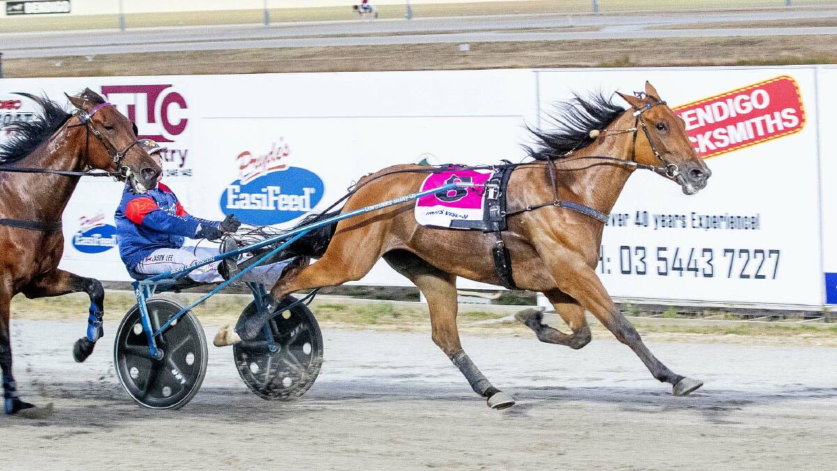 Jason Lee pilots Im Ready Jet to a convincing win in the Group 1 Maori Mile at Bendigo's Lord's Raceway on Saturday night. Picture: STUART McCORMICK