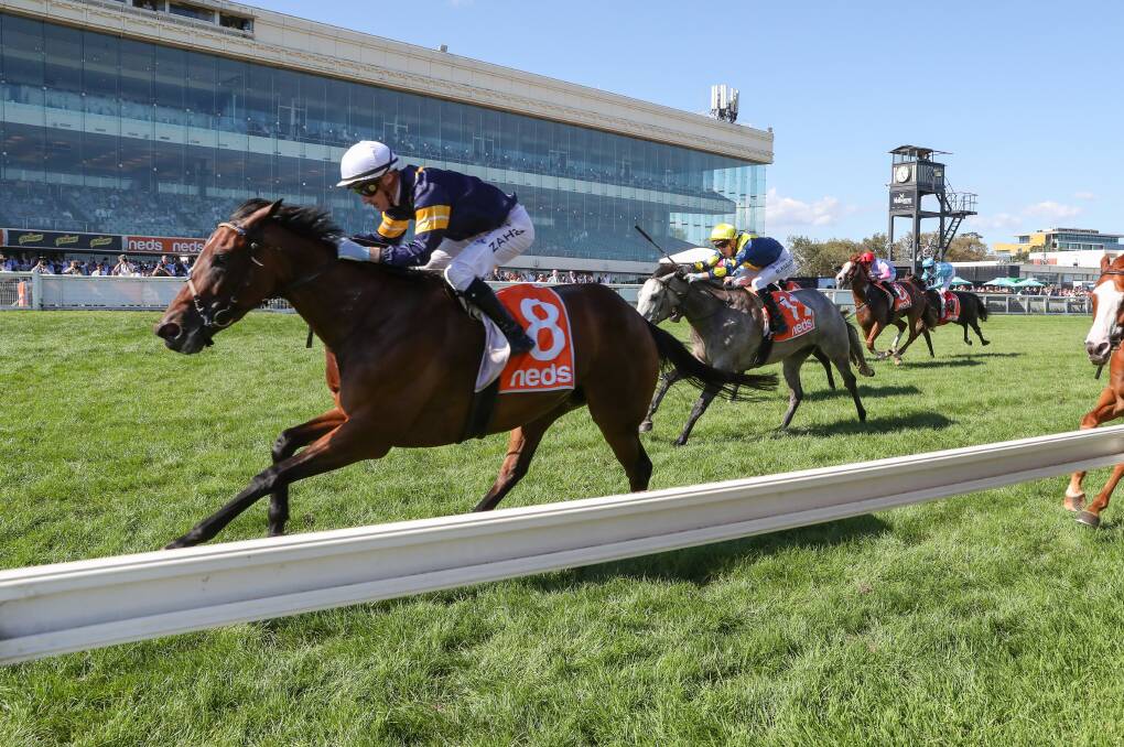 Tofane, ridden by Mark Zahra, wins the C.F. Orr Stakes at Caulfield on Saturday. Picture: RACING PHOTOS