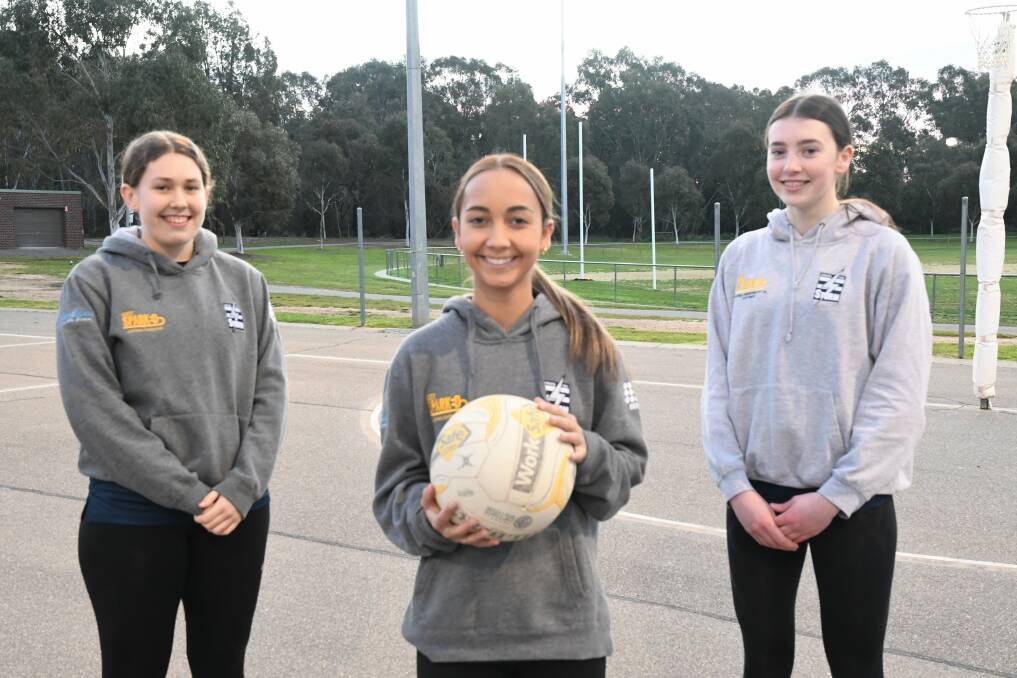 Strathfieldsaye's Angelica Jack, Tiahna Leader and Ava Hamilton can't wait to hit the playing court for their first match in the 2020 BFNL 17-and-under netball season. Picture: KIERAN ILES