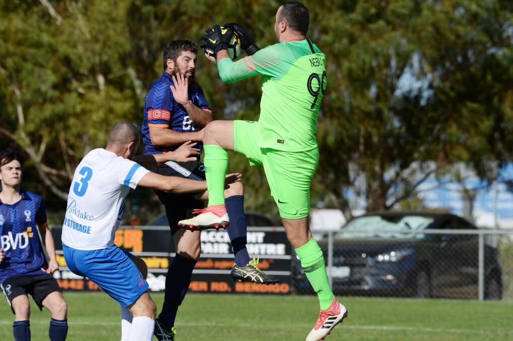 Action from last weekend's Eaglehawk v Shepparton United clash at Truscott Reserve. Picture: DARREN HOWE