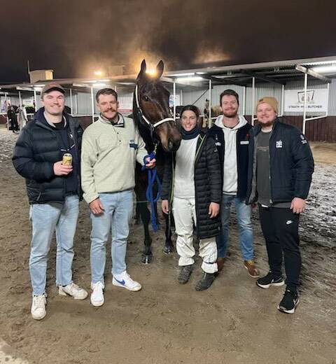 HAPPY OWNERS: Tyler McNamara, Fraser Cole, winning driver Abby Sanderson, Jake Fitch and Jordan Wilson with Renko after last Friday night's win at Bendigo.