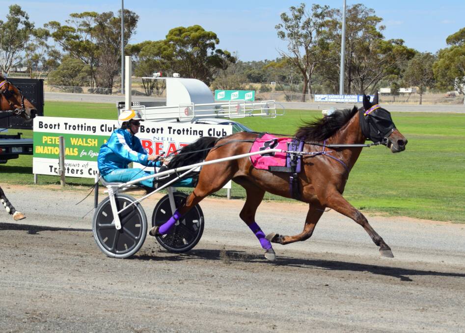 Ellen Tormey steers Well Defined to victory in the 2021 Boort Trotters Cup. It was one of 21 winners driven by the Bendigo-based trainer-driver during last year's Team Teal campaign.
